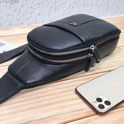 Top Soft Cow Leather Black Sling Backpack, Men's Crossbody Chest Bags for Hiking