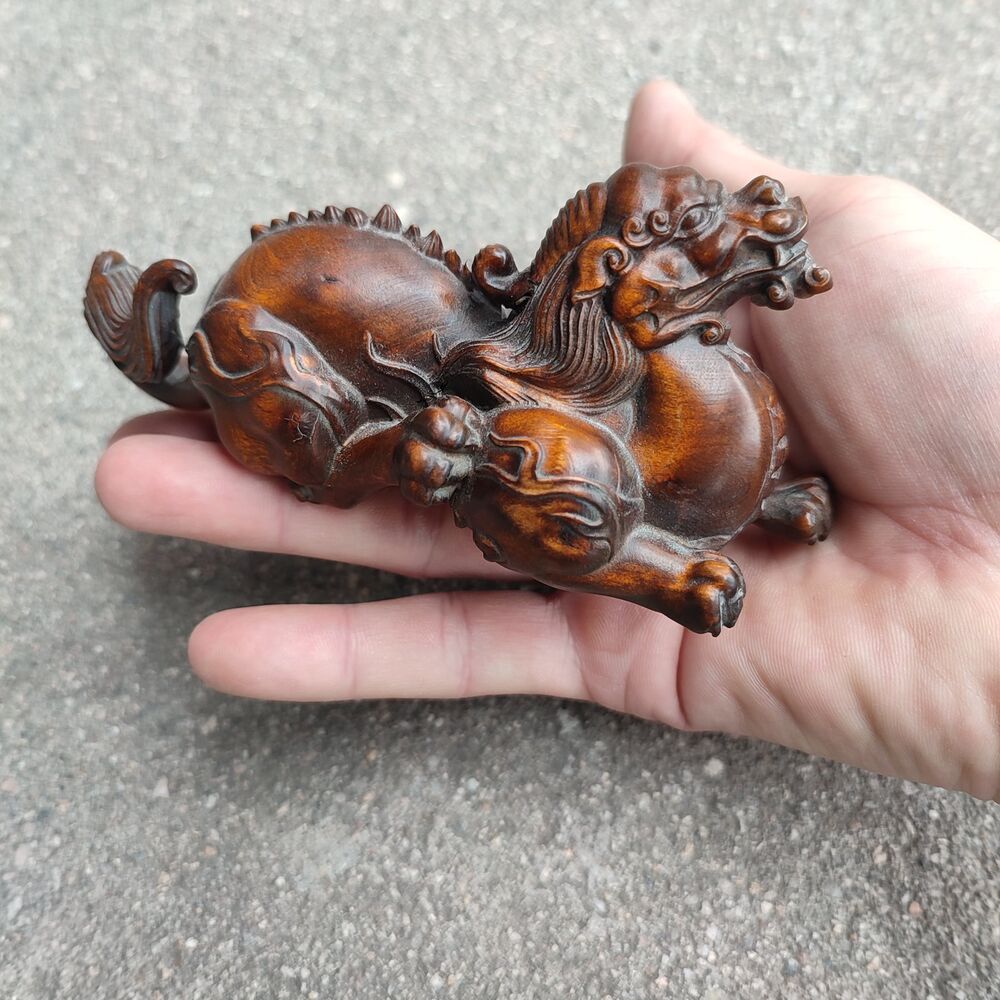 Chinese Unicorn Fabulous Kylin Dragon Statue Figurine Boxwood Carved Home Decor