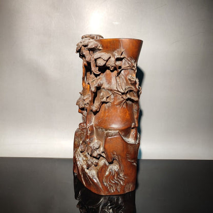 Pine bamboo statue desk study room chinese wood brush pot wooden decor carving
