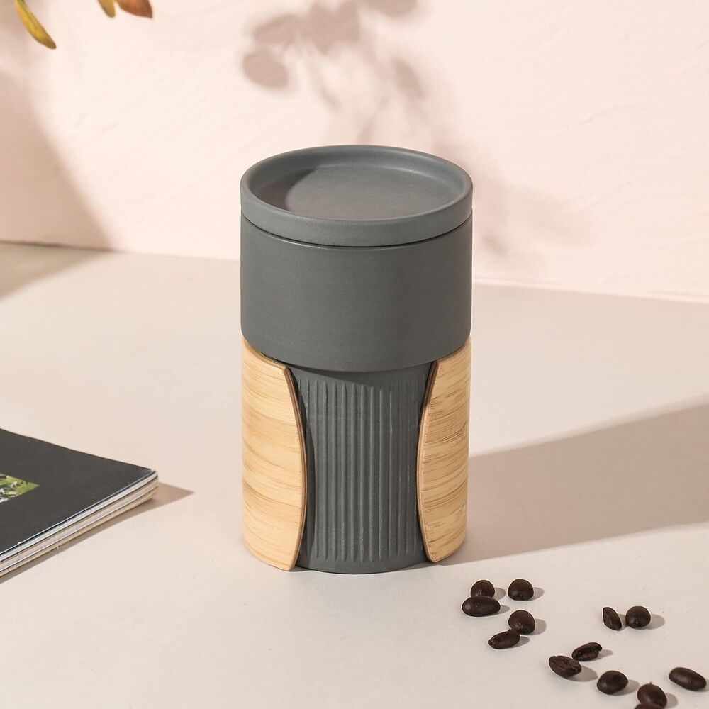 Ceramic Coffee Mug Cup with Lid and Insulated Bamboo Handle for Home and Office
