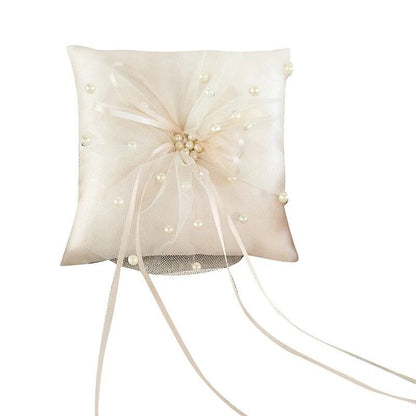 Wedding Ring Pillow Lace Ribbon Satin Cushion W/ Heart Rhinestones Decor 15x15cm