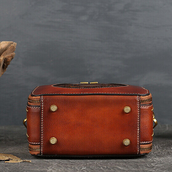 Women's Retro100% Genuine Leather Handbag Embossed Crossbody Shoulder Square Bag