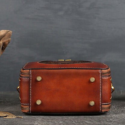 Women's Retro100% Genuine Leather Handbag Embossed Crossbody Shoulder Square Bag