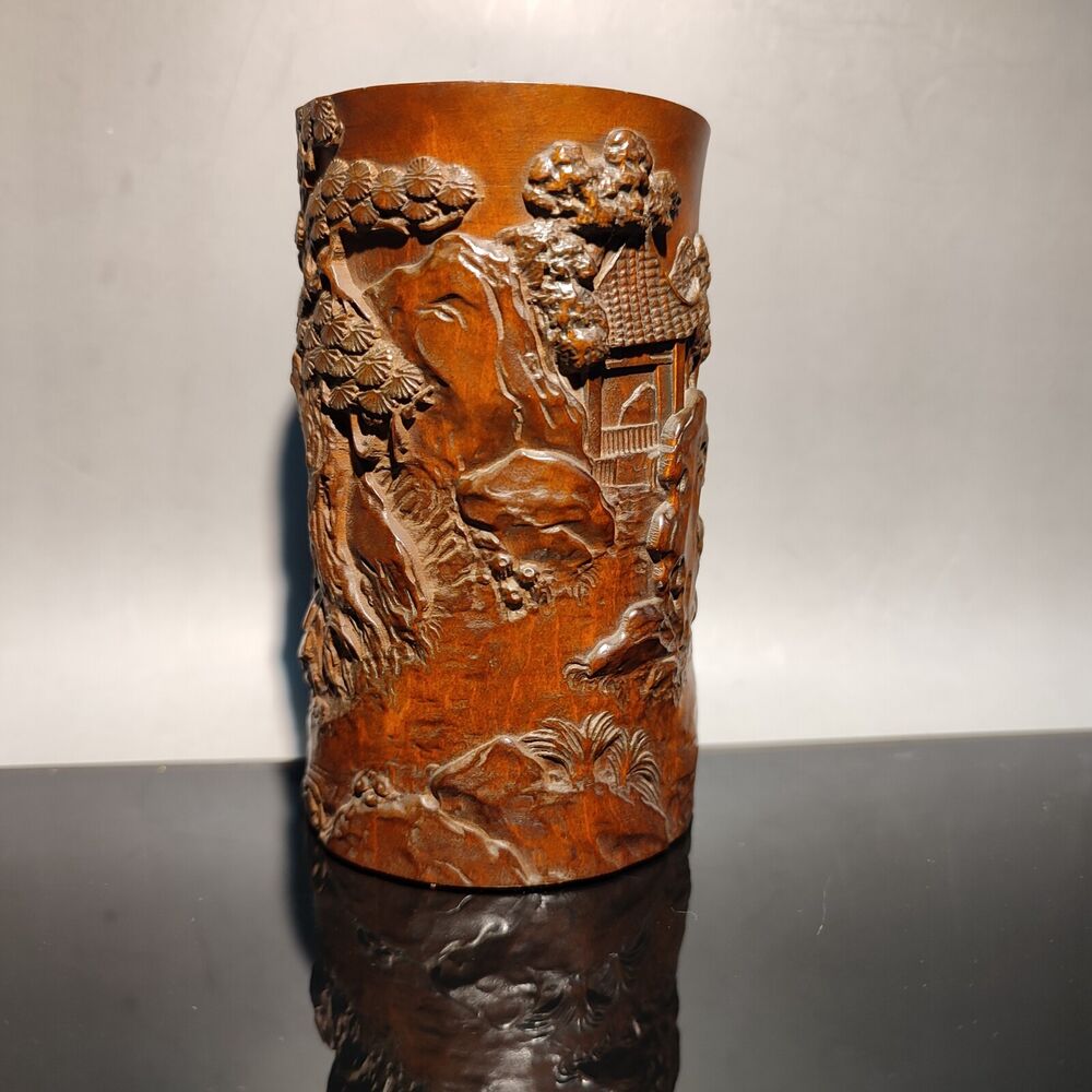 chinese carved brush pot pots pen case statue antique wood carving Figure-story