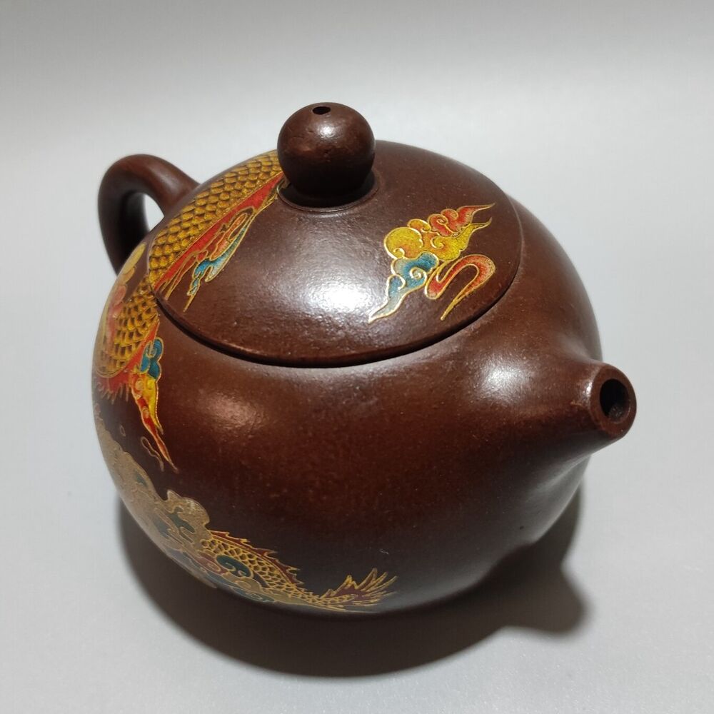 Vintage Chinese Yixing Purple Clay Teapot Zisha Ceramic Painted Dragon Teaware