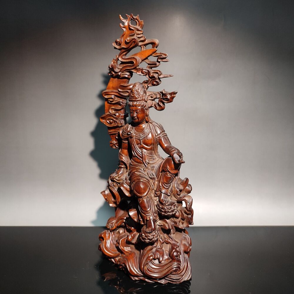 9" chinese boxwood buddha wooden statue antique Free kwan yin carved home decor