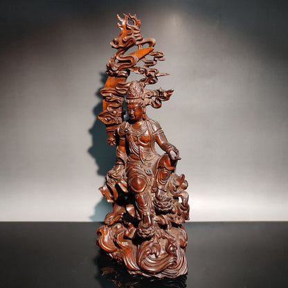 9" chinese boxwood buddha wooden statue antique Free kwan yin carved home decor