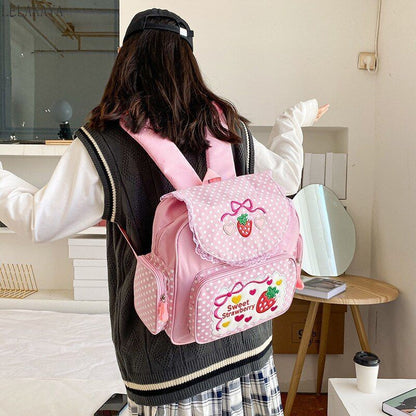 Backpack Embroidery Strawberry Pattern Lace Shoulder Bags Waterproof 30*37*13 CM