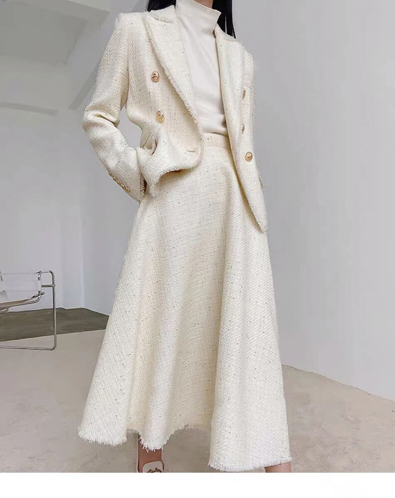 Beige Jacket + Skirt Set Set Women's Suit 2-Piece Set