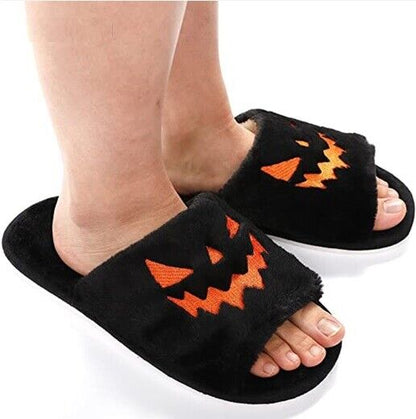 Women Halloween Pumpkin Slippers Soft Plush Flip Flop Indoor Warm Shoes 8.5~12in