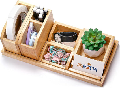 Bamboo Desk Organizer Adjustable Stationery Desktop Tray Holder Storage 7 Pcs