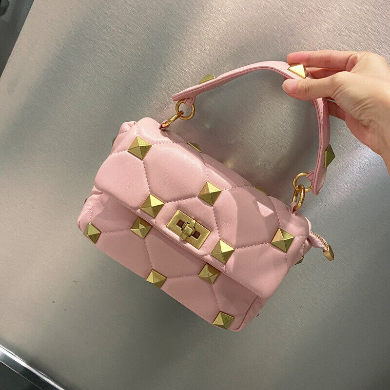 Studded Leather Shoulder Bag Women Pink/Green/Black, Soft Leather Gold Chain Bag
