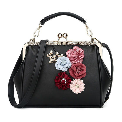 Vintage Flowers Two Straps Shell Lock Bag Synthetic Leather Tote Handbag Purses