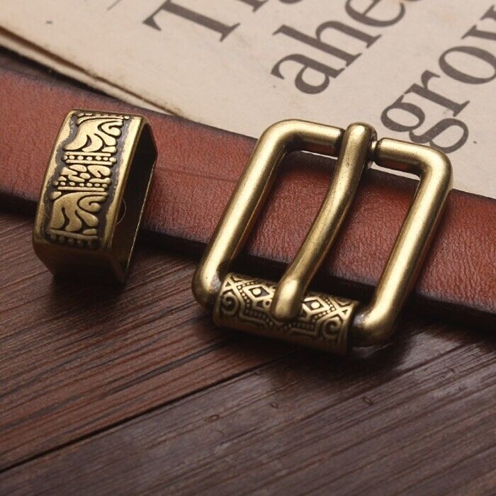 Men Belt Buckle Pin 2Pcs DIY Vintage Brass Carved Pattern Leather Craft Part 2cm