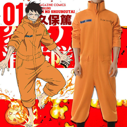 Fire Force Kusakabe Shinra Oubi Akitaru Cosplay Costume Orange Uniform Jumpsuit