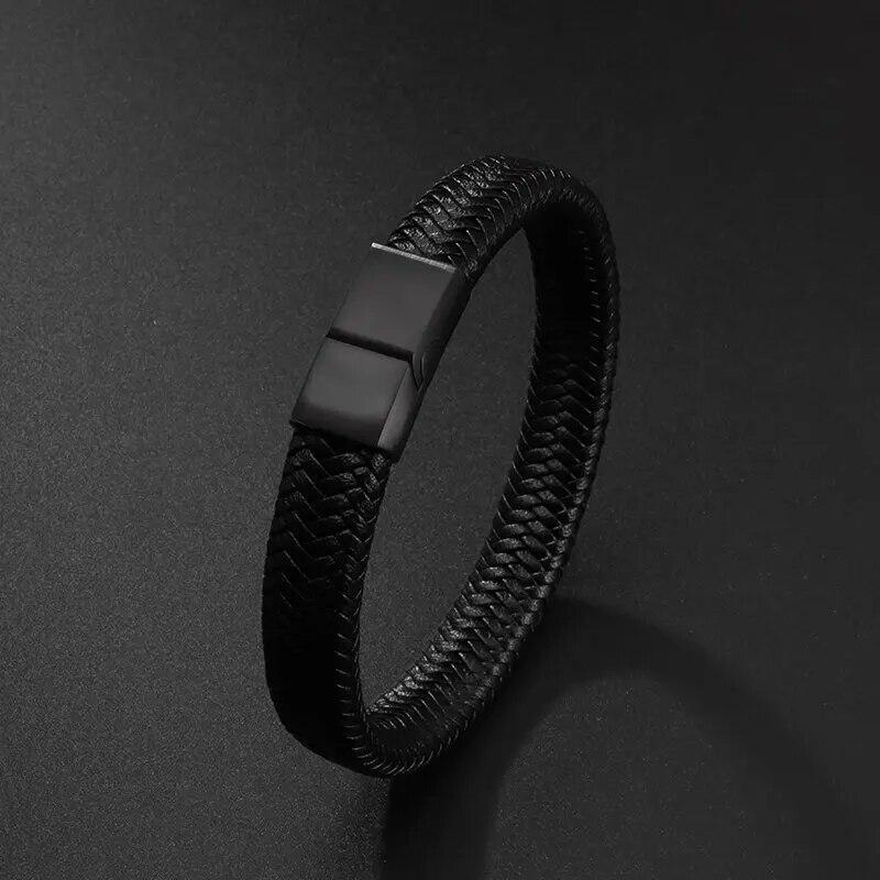 Black Bracelet Men's Braided Leather Bangle Stainless Steel Cuff Wristband