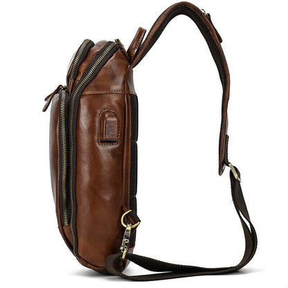 Men Real Leather USB Charging Sling Bag Chest Single Strap Backpack Shoulder Bag