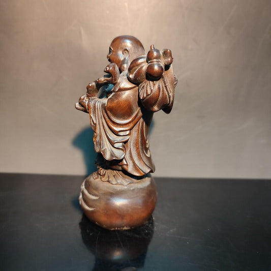 Boxwood carving wooden buddha statue wood laughing Amitabha ruyi decor praying
