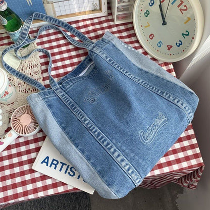 Shoulder Bag Big Denim Handbag Shopping Purse Tote Letter Print 34*36*8 CM Blue