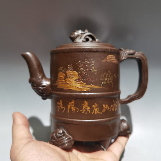 Chinese Yixing Zisha Clay Handmade Exquisite Teapot （泥绘三足壶 底款：陈鸣远）