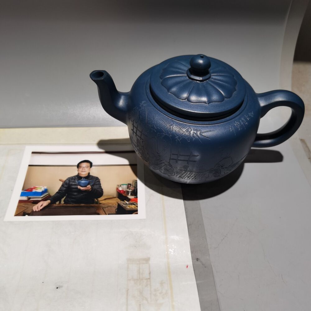 vintage chinese yixing purple clay teapot zisha ceremony carved blue teaware art