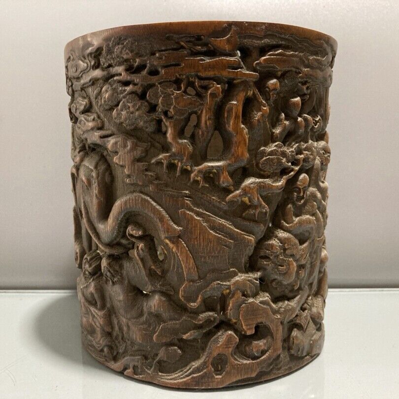 chinese bamboo carving antique carved brush pot case wood statue buddha Arhat