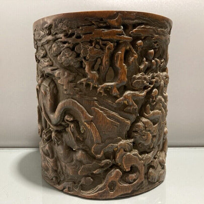chinese bamboo carving antique carved brush pot case wood statue buddha Arhat