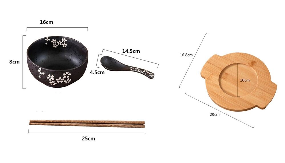 4 Piece/Set Ceramic Bowls Spoon+Chopstick Wooden Deck Instant Noodles Containers