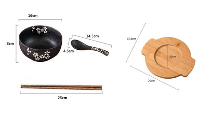 4 Piece/Set Ceramic Bowls Spoon+Chopstick Wooden Deck Instant Noodles Containers