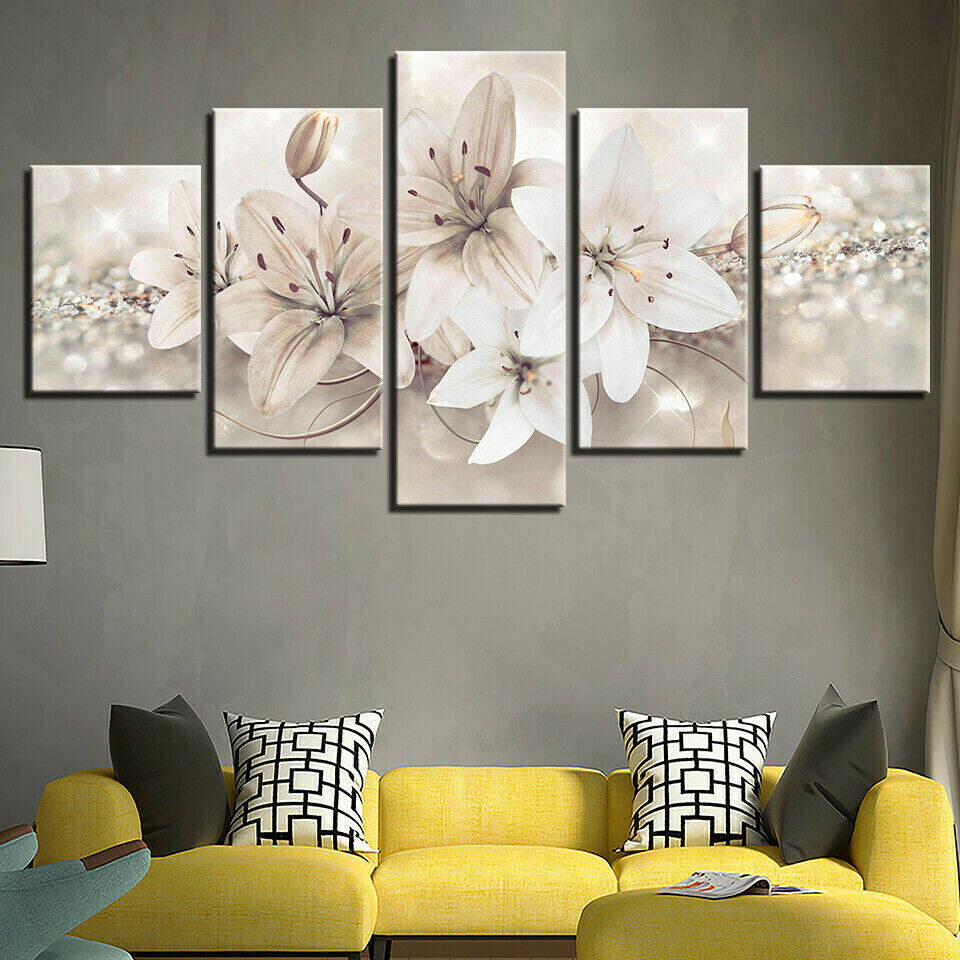 White Lily Flower Abstract Art 5 Pieces Canvas Print Wall Art Poster Home Decor
