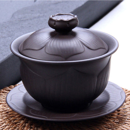 Chinese gaiwan zisha purple clay tureen lotus design cup bowl saucer with lid