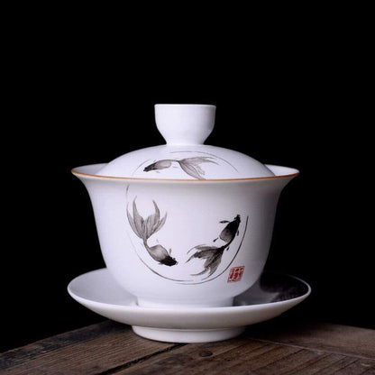 Porcelain Gaiwan 8oz Teacup White Tureen Chinese Cover Bowl Lip Cup Saucer Set