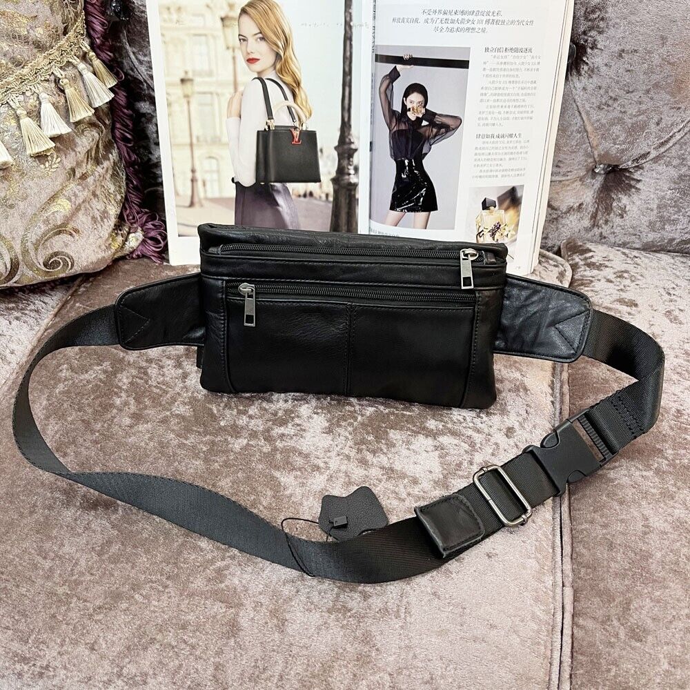 Black Men Real Cow Leather Waist Fanny Pack Sport Bags Sling Crossbody Bags