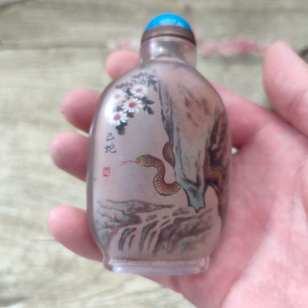 Vintage Chinese Glass Snuff Bottle With Inside Painting Viper Rare Exquisite Art