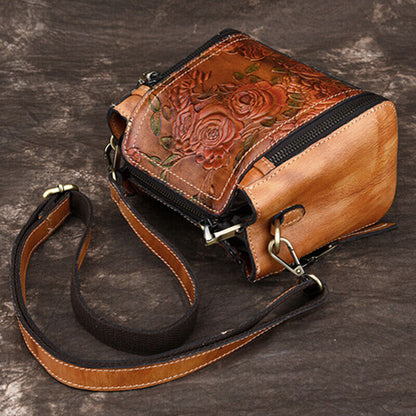 Genuine Leather Floral Embroidered Vintage Handbag Women's Tote Shoulder Bags