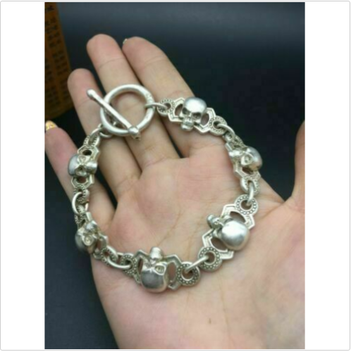 cool chinese rare old tibet silver hand cast skull statue bracelet jewel gift