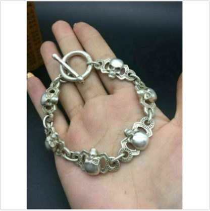 cool chinese rare old tibet silver hand cast skull statue bracelet jewel gift