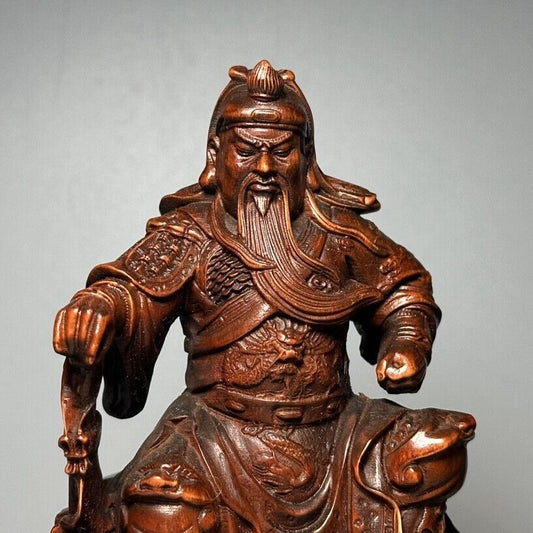 Vintage Chinese Wooden Carved Guan Yu Figure Statue Woodwork Figurines Decor Art