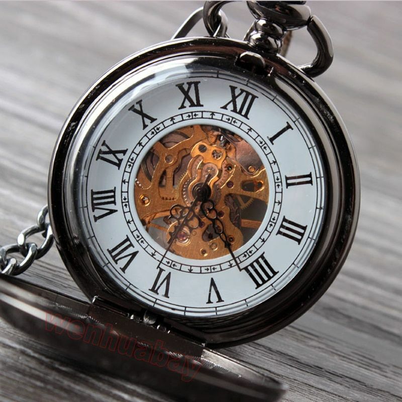Retro Hand Wind Mechanical Pocket Watch With Fob Chains Men Hollow Skeleton Dial