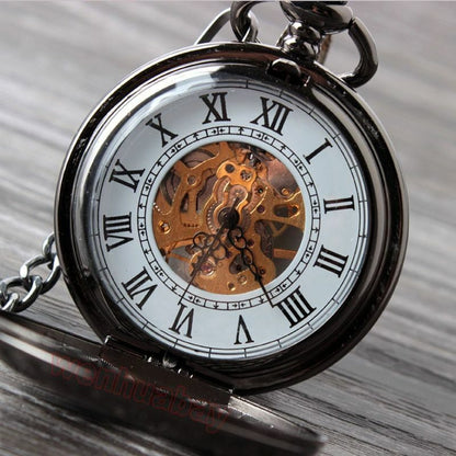 Retro Hand Wind Mechanical Pocket Watch With Fob Chains Men Hollow Skeleton Dial