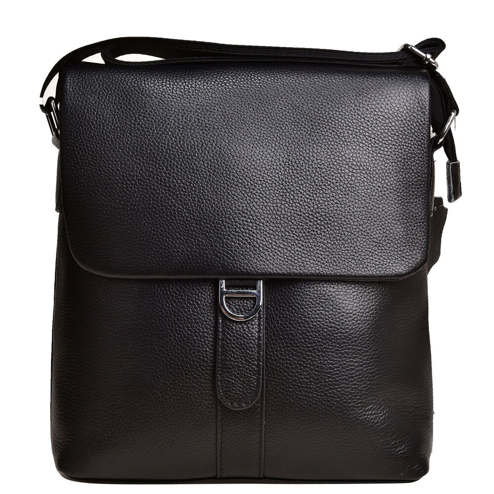 100% Genuine Leather Men's 10" Business Bags Black Sling Shoulder Messenger Bag