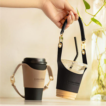 Leather Cup Cover Pouch Portable Water Bottle Sleeve Bag Leather Carrying Strap