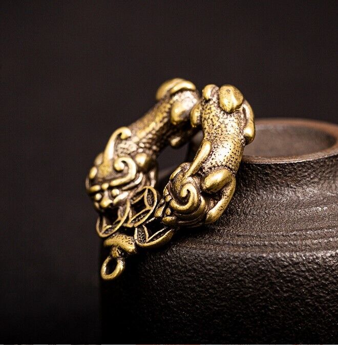37MM Chinese Bronze Brass Animal Two Pixiu Pi Xiu Unicorn Wealth Amulet Pendant