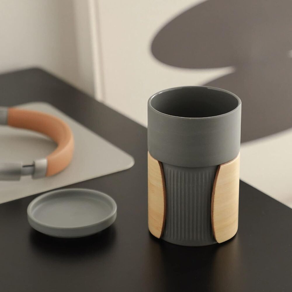 Ceramic Coffee Mug Cup with Lid and Insulated Bamboo Handle for Home and Office
