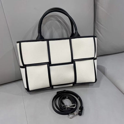 Woven Canvas & Leather Tote bag Purse Handbag Fashion w/ Zip Bag Crossbody Strap