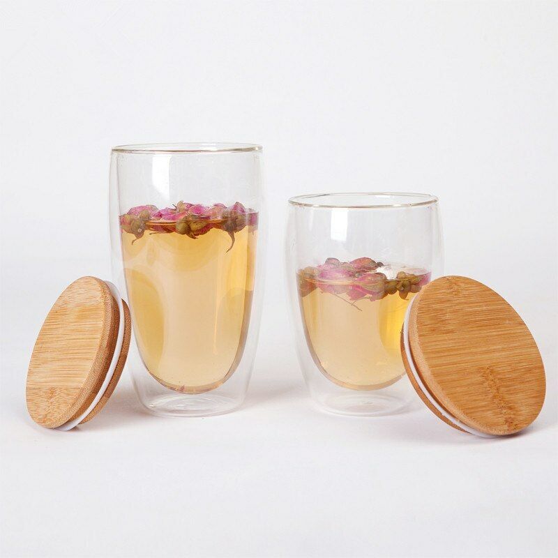 Double Glass Cup Coffee Mugs Tea Cup Tea Set Transparent Heat-resistant Wood Lid