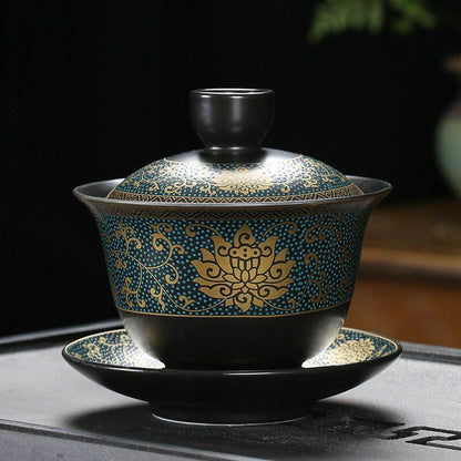 Chinese Tea Set Classical Gaiwan Cup Black Clay 180ml Traditional Handmade Bowl