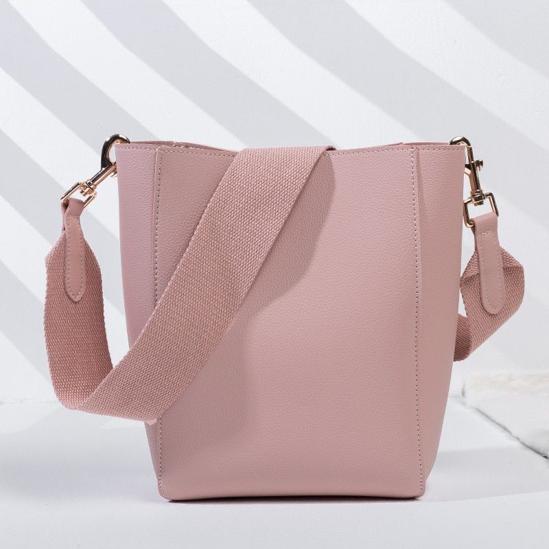 Bucket Shoulder Bag Women Handbags Synthetic Leather Messenger Bags Wide Strap