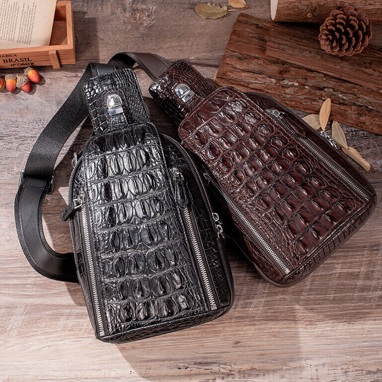 100% Crocodile Alligator Skin Leather Crossbody bag, Men's Luxury Sling Backpack