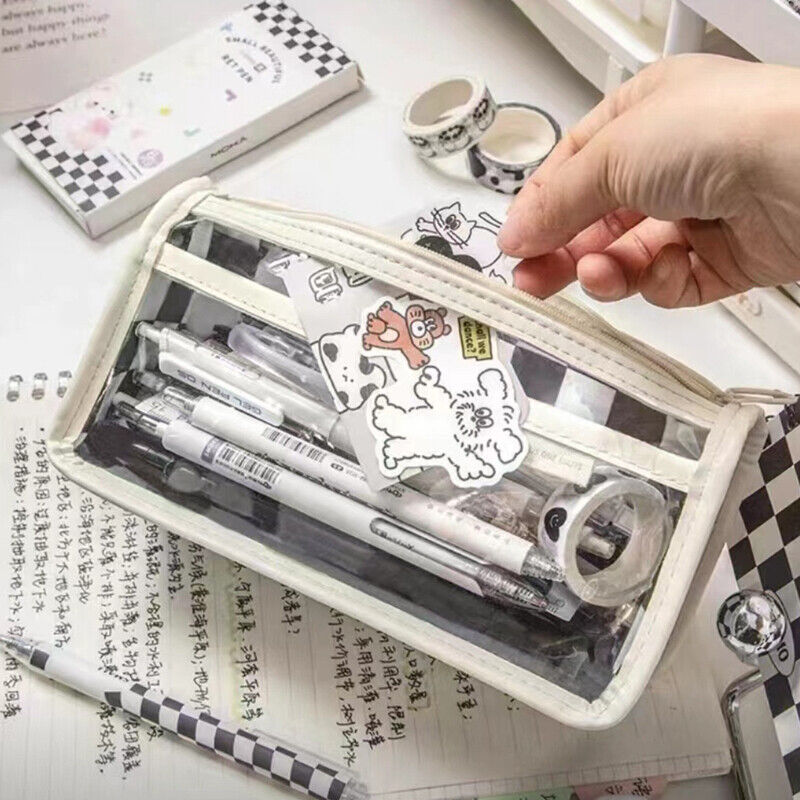 Waterproof Large Capacity Pencil Case Simple Transparent Checkerboard Pencil Bag